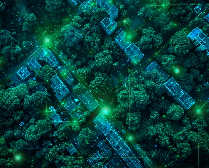 Luftaufnahme einer Stadt mit futuristischen, leuchtenden Netzwerkelementen