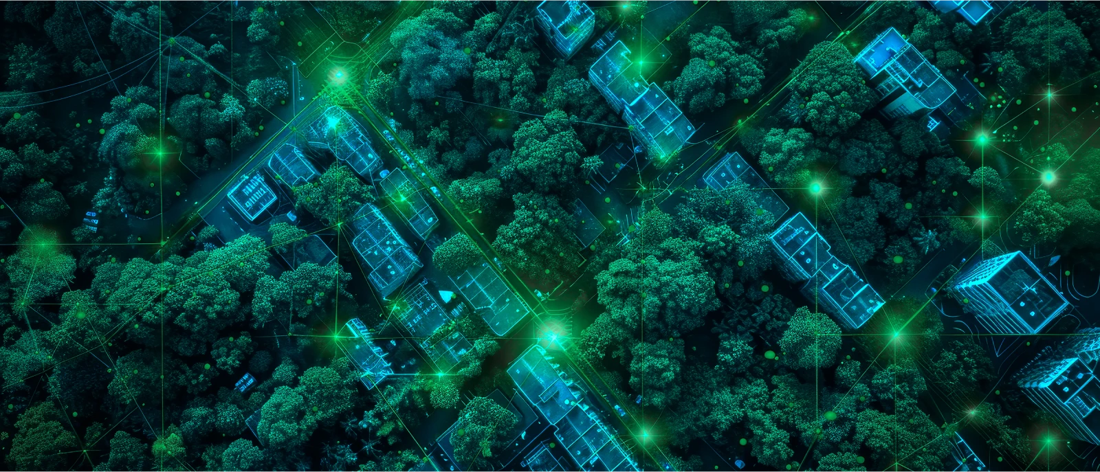Luftaufnahme einer Stadt mit futuristischen, leuchtenden Netzwerkelementen